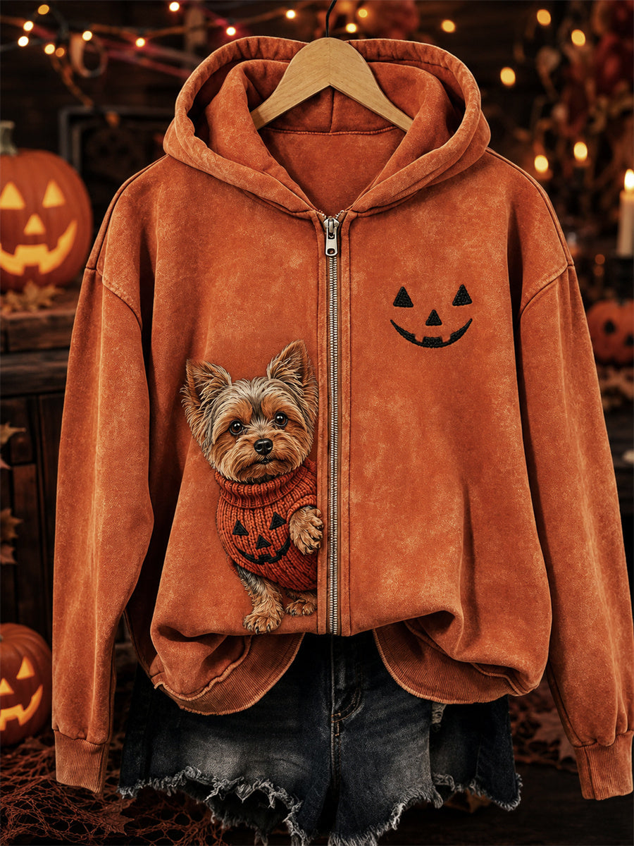 Alma | Hættetrøje med lynlås med yorkshire terrier med print og halloweentema