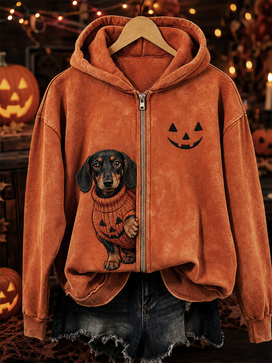 Sofie | Hættetrøje med lynlås med gravhund med print og halloweentema