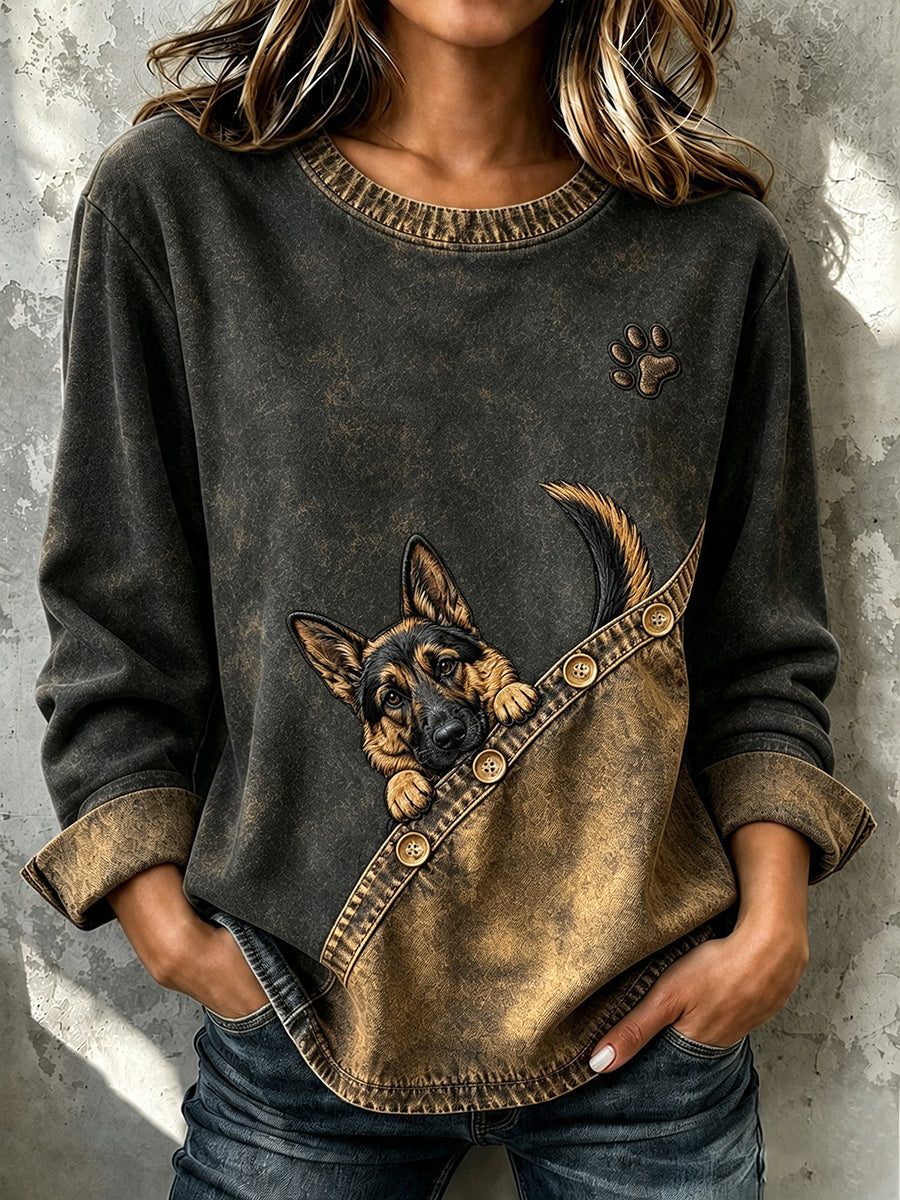 Sofie | Sweatshirt med schæferhund med poteprint og knapdetalje