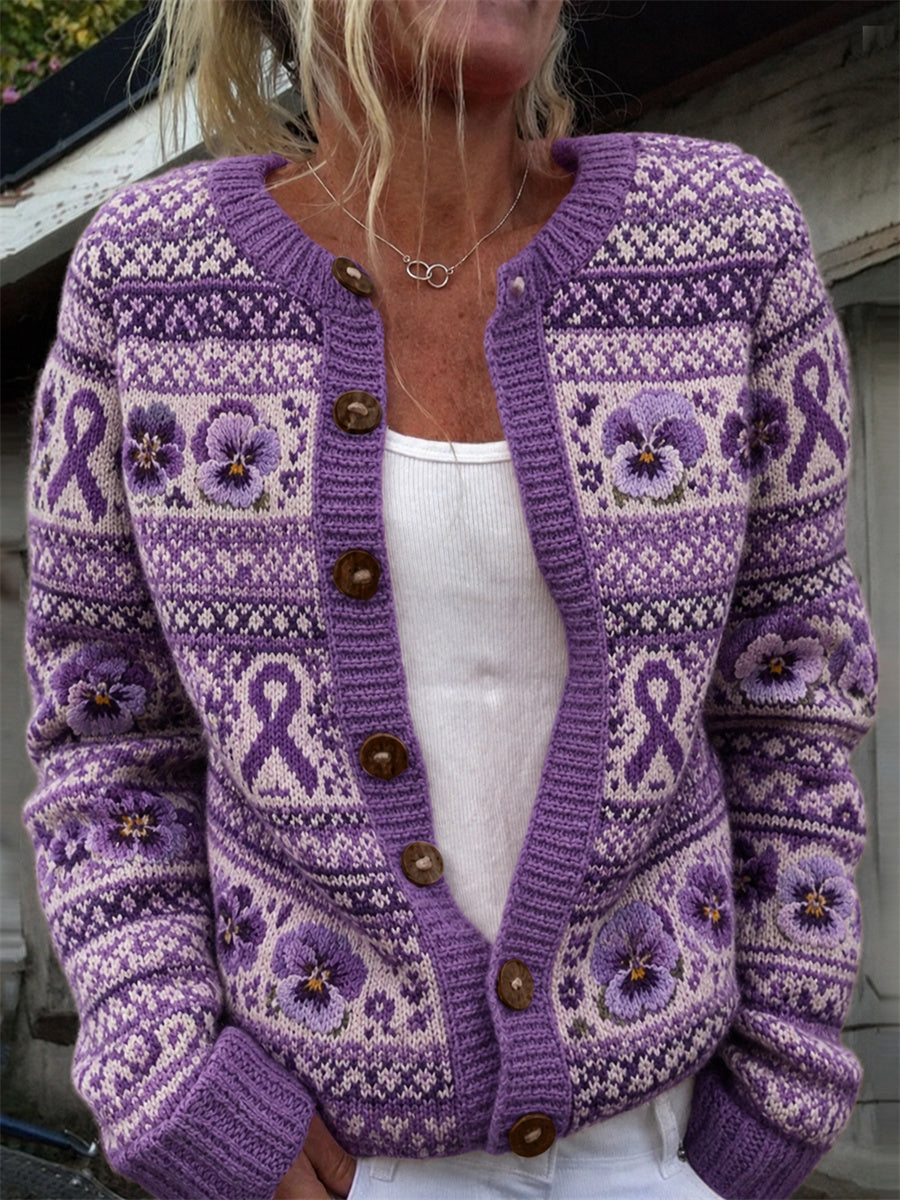 Astrid | Cardigan med lilla bånd og violblomster