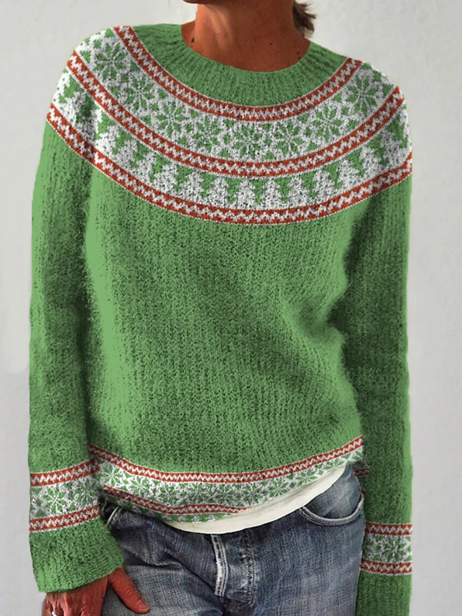 Solveig | Grøn striktrøje med rund hals og pullover-pasform med islandsk mønster med jacquardmønster