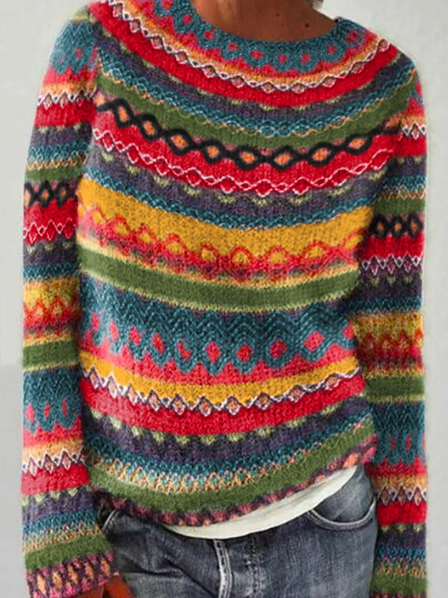 Alma | Rosenrød striktrøje med rund hals og pullover-pasform med islandsk mønster