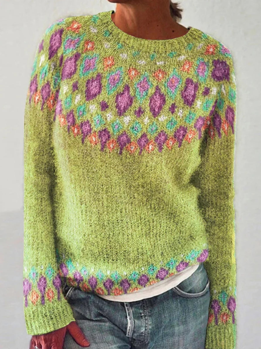 Klara | Striktrøje med rund hals og pullover-pasform med islandsk mønster med jacquardmønster