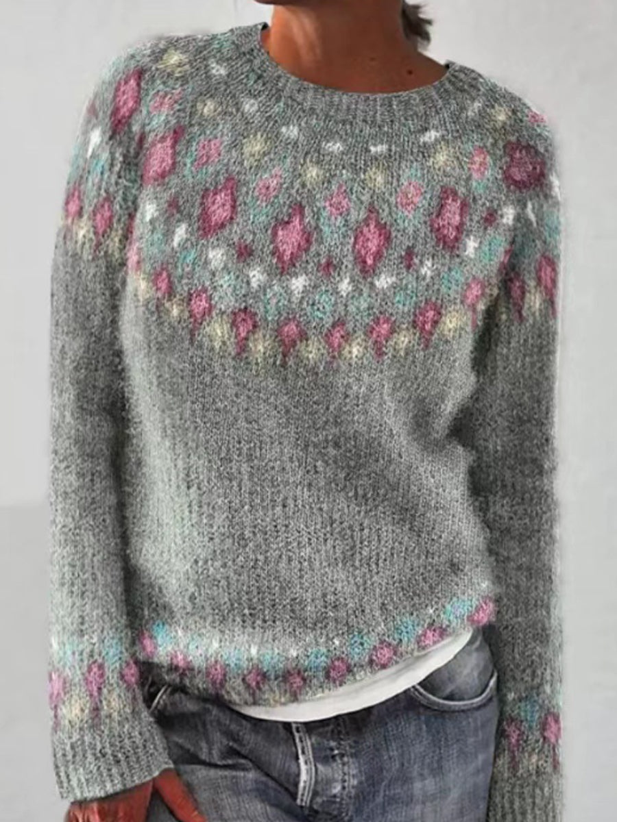 Klara | Striktrøje med rund hals og pullover-pasform med islandsk mønster med jacquardmønster