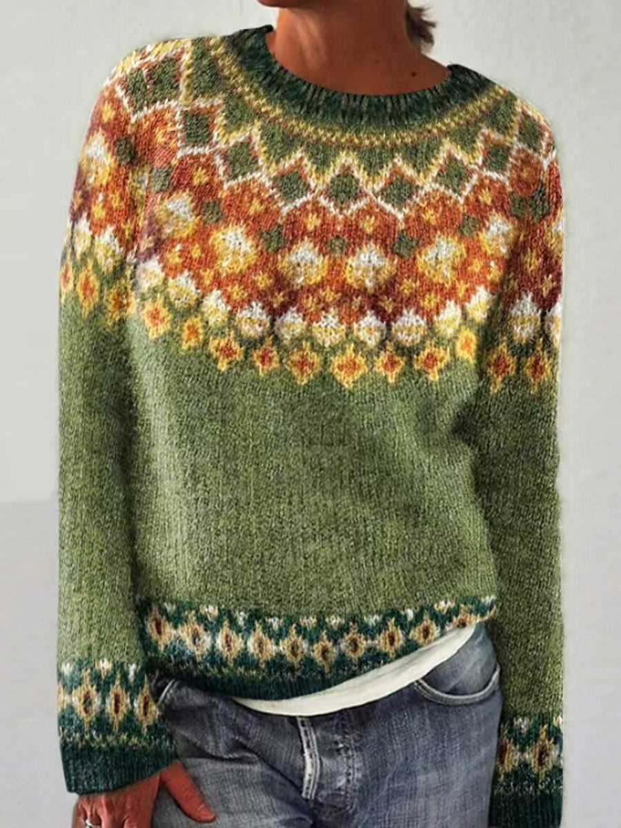 Mille | Grøn striktrøje med rund hals og pullover-pasform med islandsk mønster med jacquardmønster