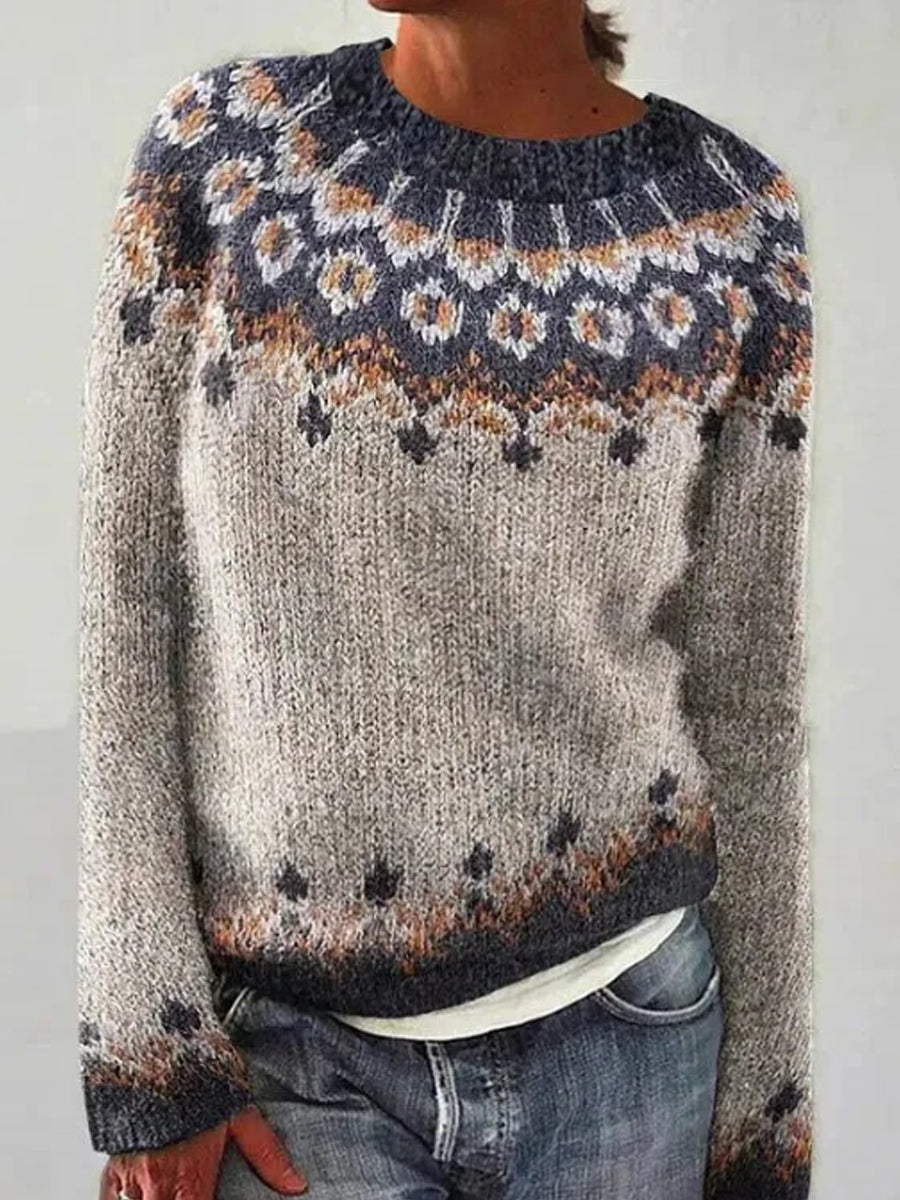 Frida | Kaffe striktrøje med rund hals og pullover-pasform med islandsk mønster