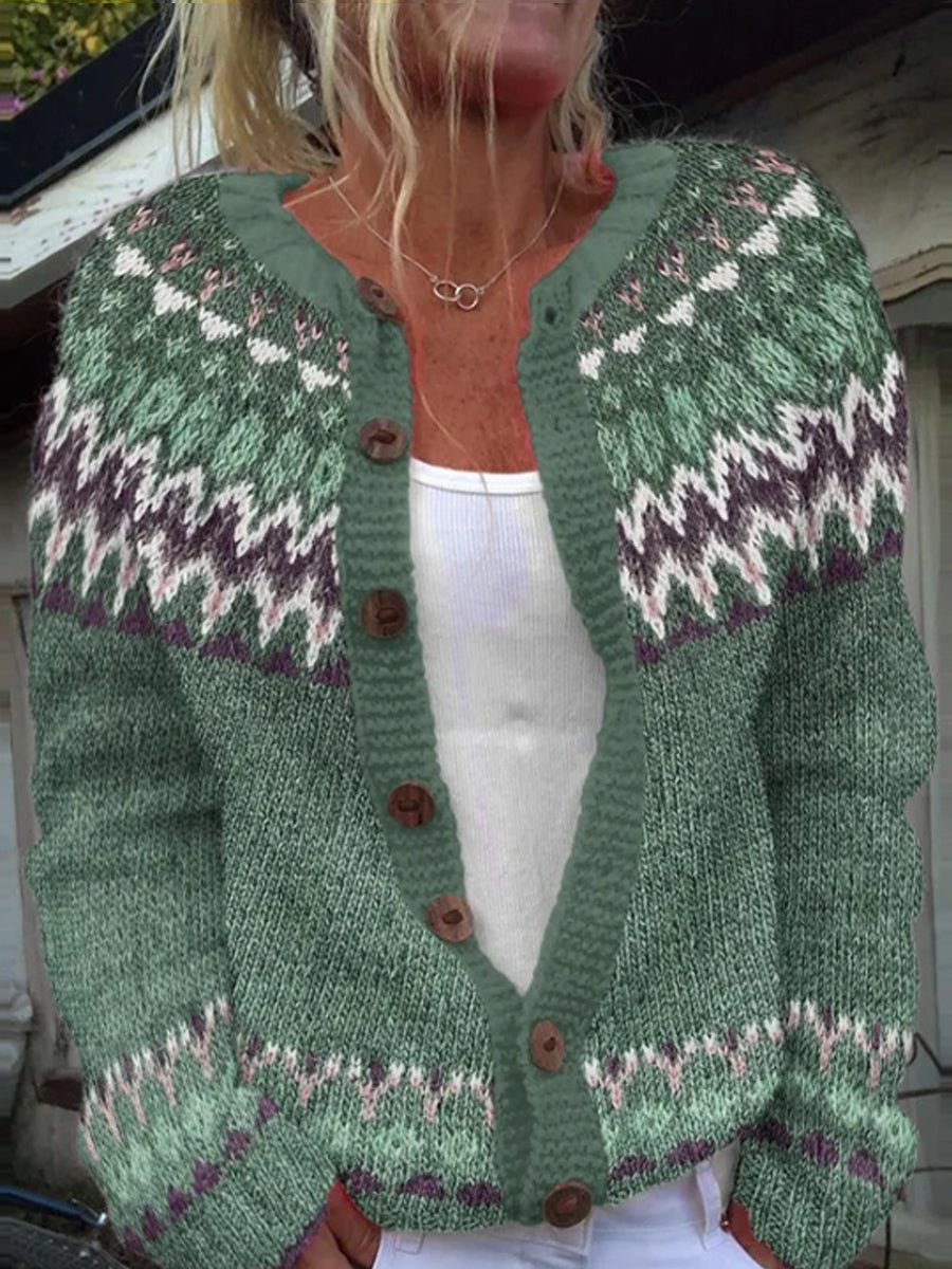 Emilie | Grøn-blå-khaki cardigan med knapper og rund hals med islandsk mønster med kraftig strik