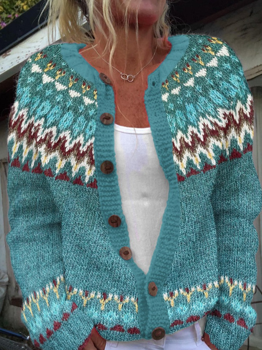 Emilie | Grøn-blå-khaki cardigan med knapper og rund hals med islandsk mønster med kraftig strik