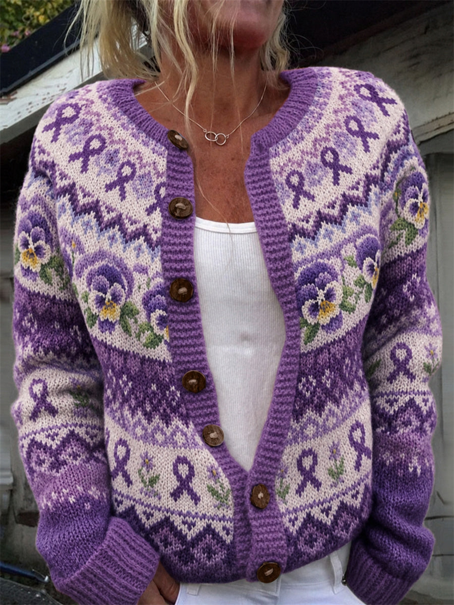 Alma | Hyggelig cardigan med violblomster og lilla bånd