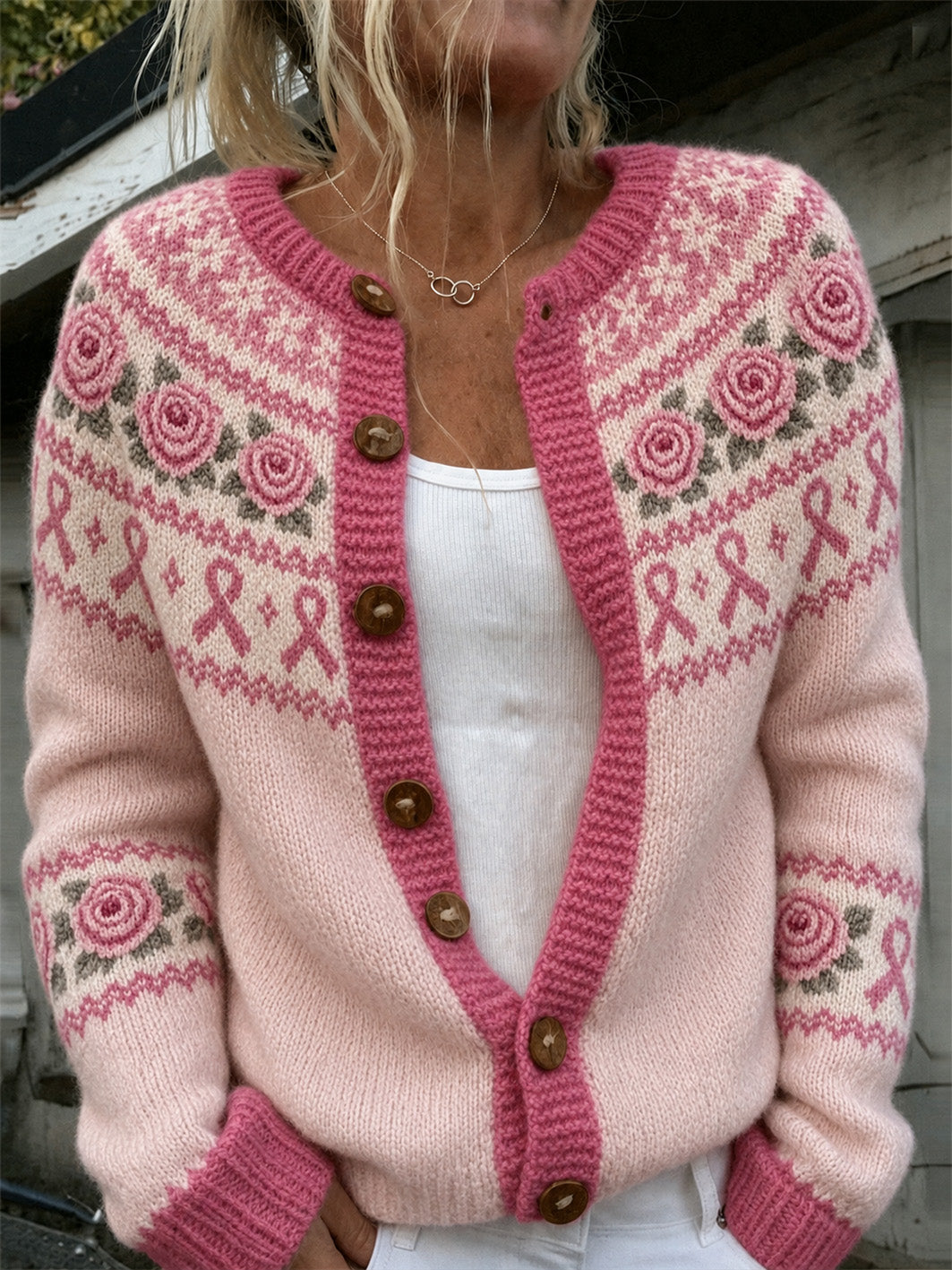 Freja | Cardigan med blomster og lyserød sløjfe