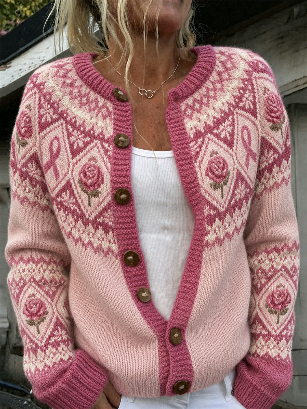 Astrid | Cardigan med blomster og lyserød sløjfe
