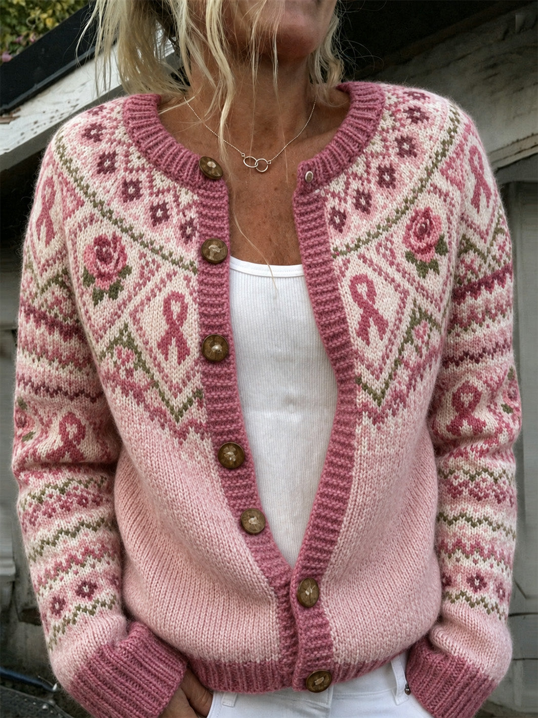 Luna | Cardigan med blomster og lyserød sløjfe