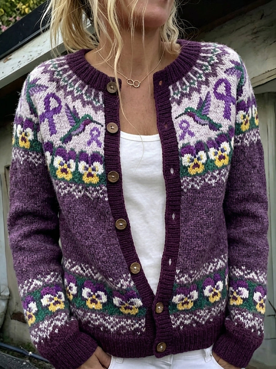 Agnes | Vintage cardigan med kolibri og lilla blomsterprint