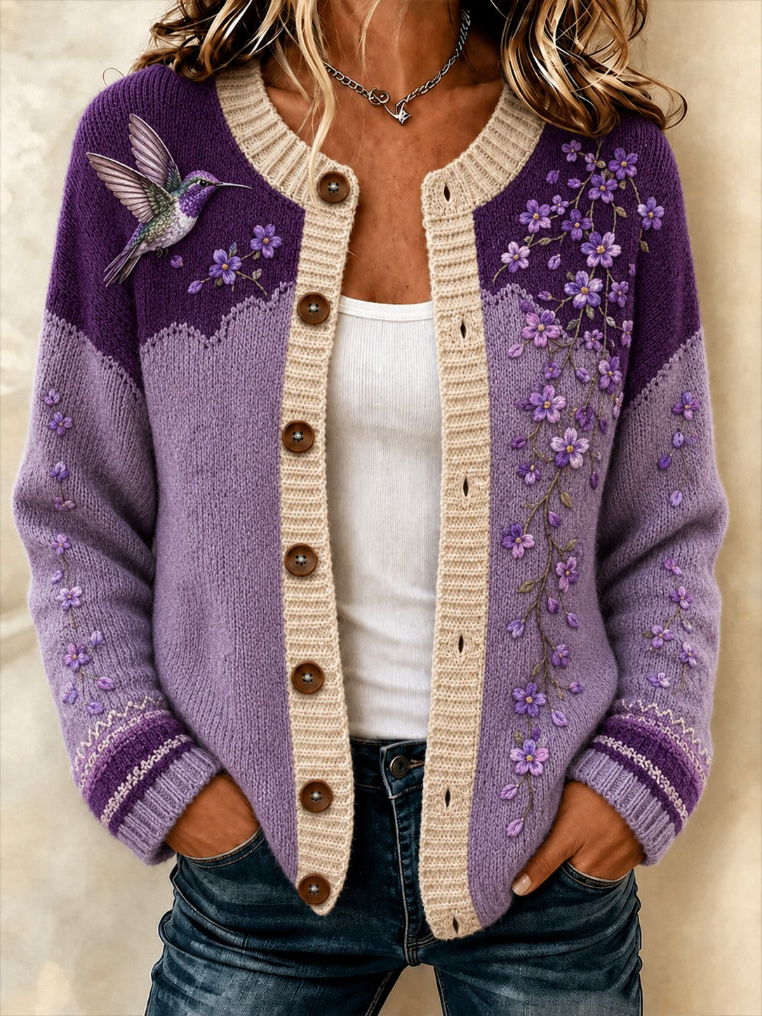 Ella | Komfortabel cardigan med lilla blomstermotiv