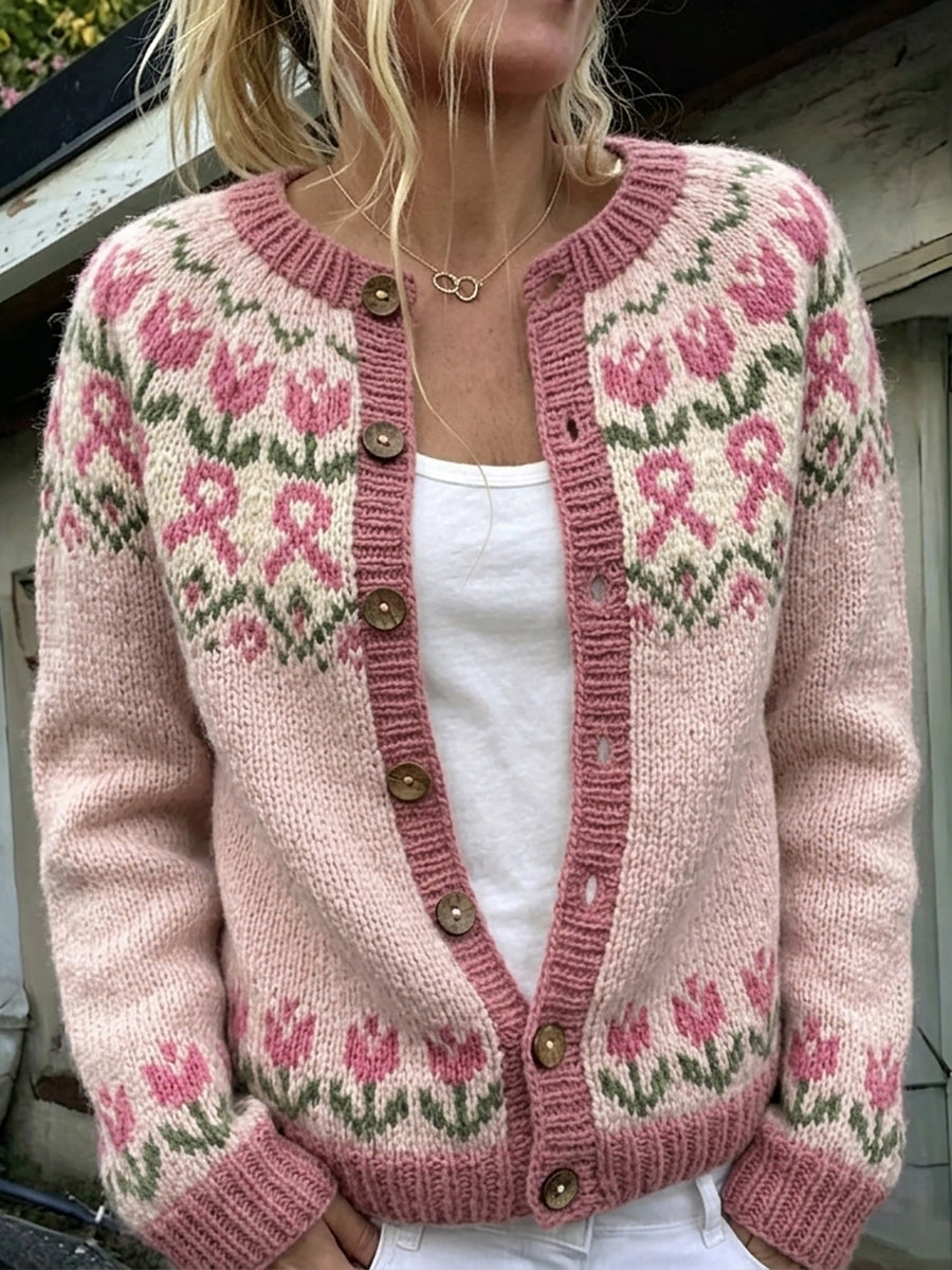 Agnes | Cardigan med tulipaner og lyserød sløjfe