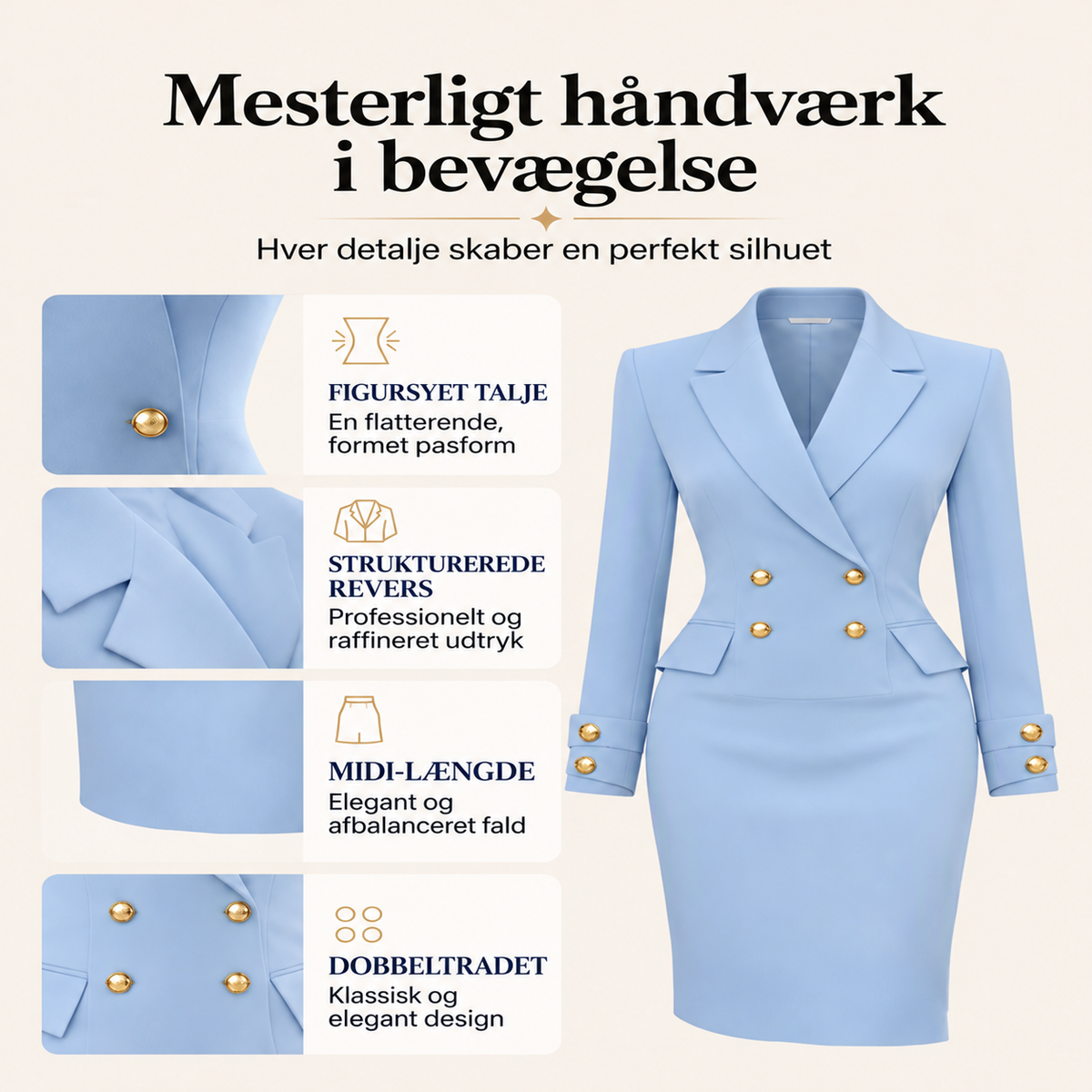 Dobbeltradet blazer-kjole til kvinder – dansk produktgrafik