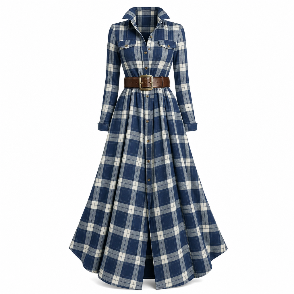 Selma | Fransk vintagekjole med ternet print og asymmetrisk fald
