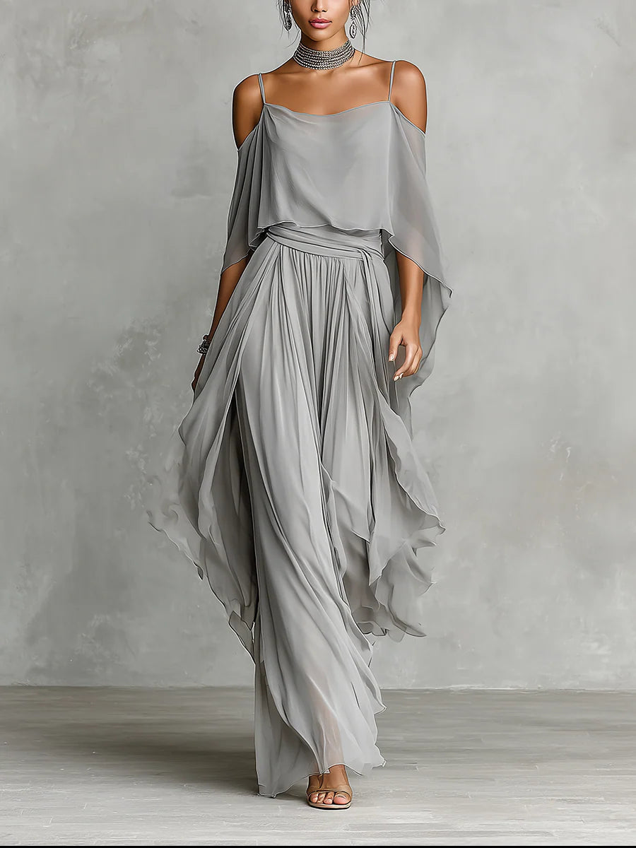 Tina | Grå sæt med top og bukser med chiffon med off-shoulder
