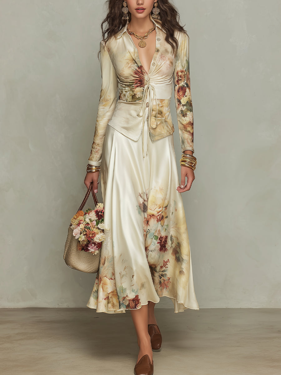 Emma | Elfenben sæt med top og nederdel med blomsterprint med satin