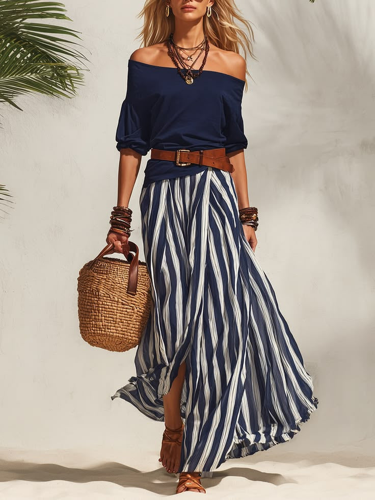 Saga | Sæt med top og nederdel med stribet print med off-shoulder med pufærmer