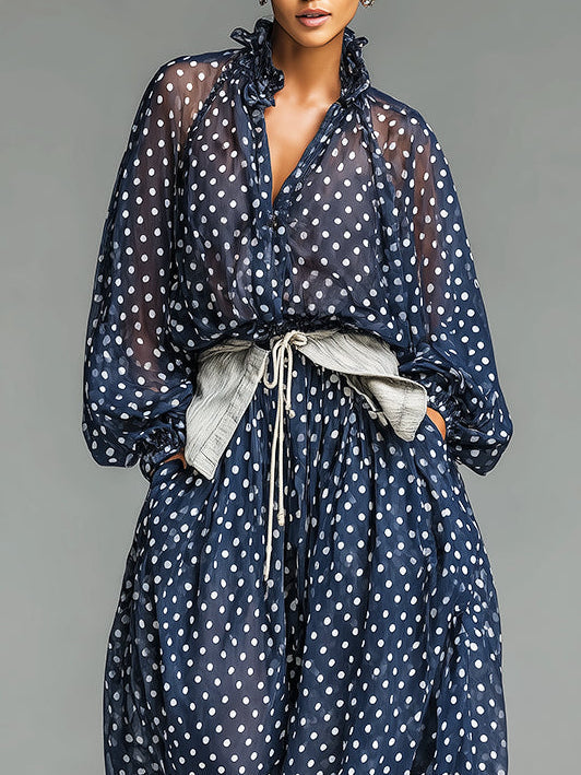 Ronja | Sæt med top og bukser med prikket print med chiffon med langærmet