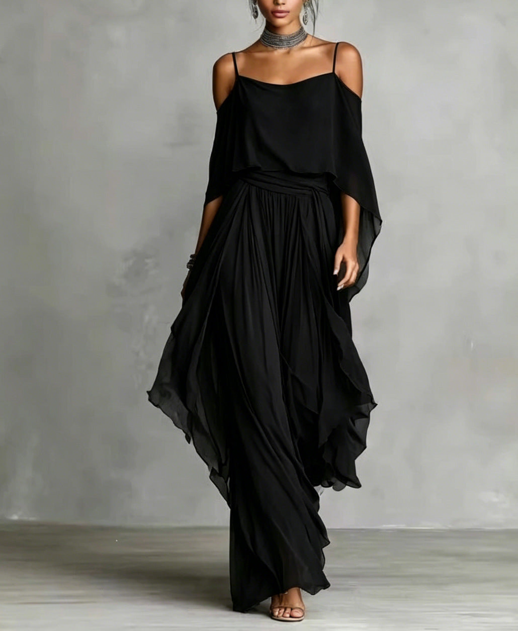 Tina | Grå sæt med top og bukser med chiffon med off-shoulder