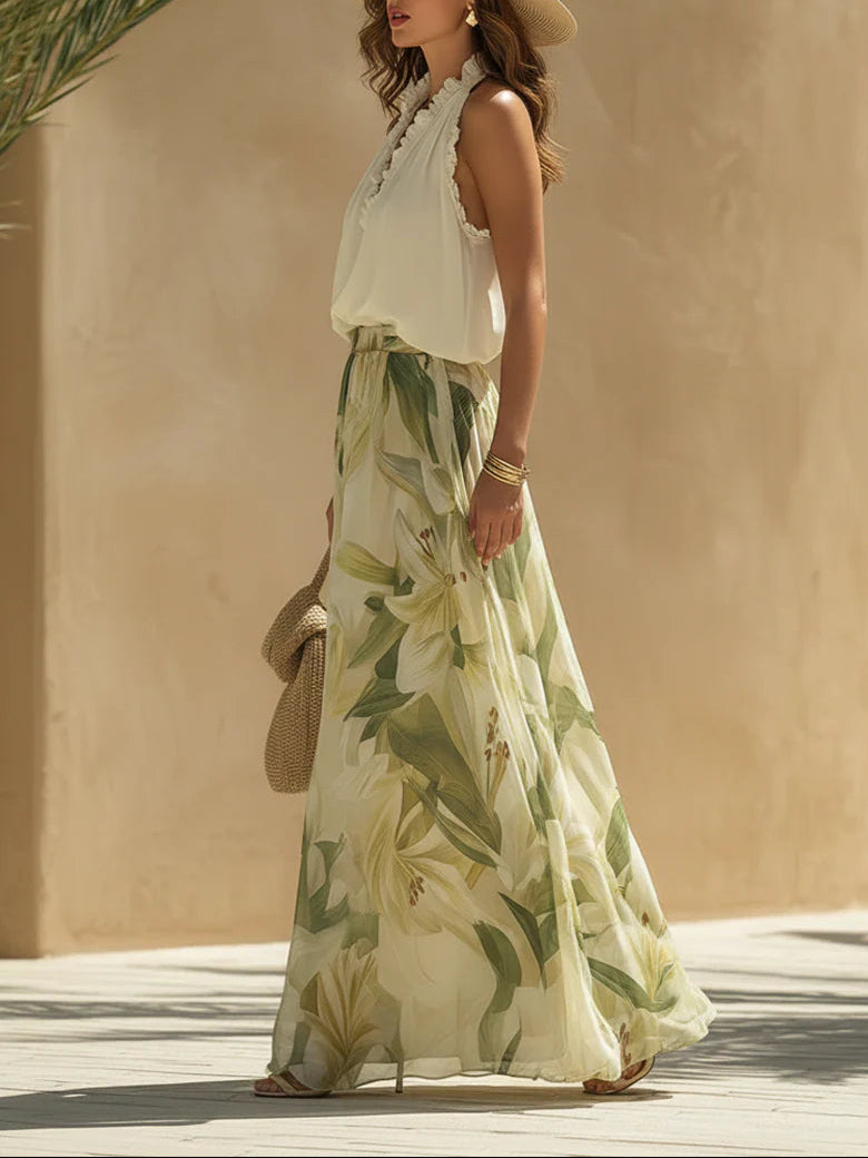 Caroline | Sæt med top og bukser med blomsterprint med flæsedetaljer med chiffon med ærmeløs