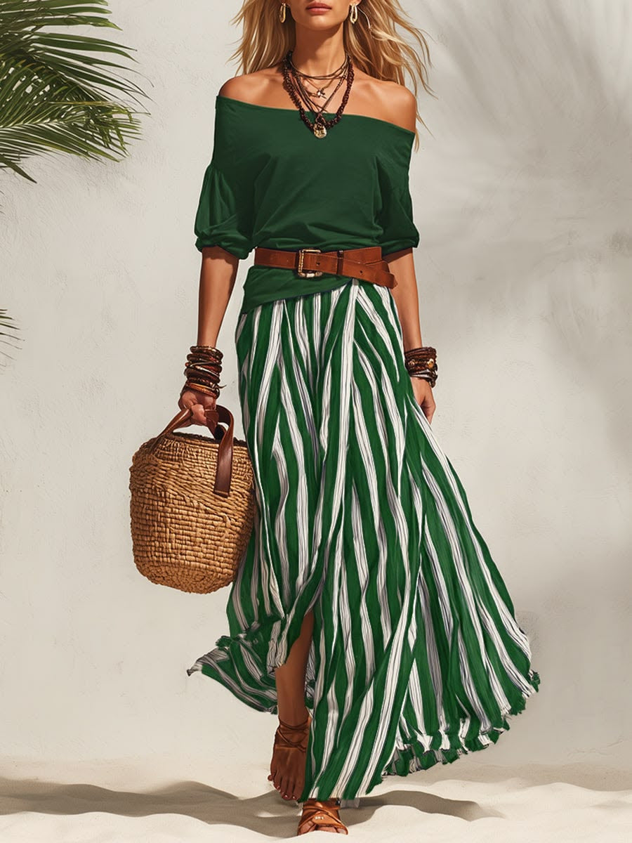 Saga | Sæt med top og nederdel med stribet print med off-shoulder med pufærmer