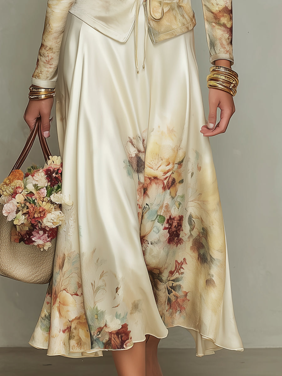 Emma | Elfenben sæt med top og nederdel med blomsterprint med satin