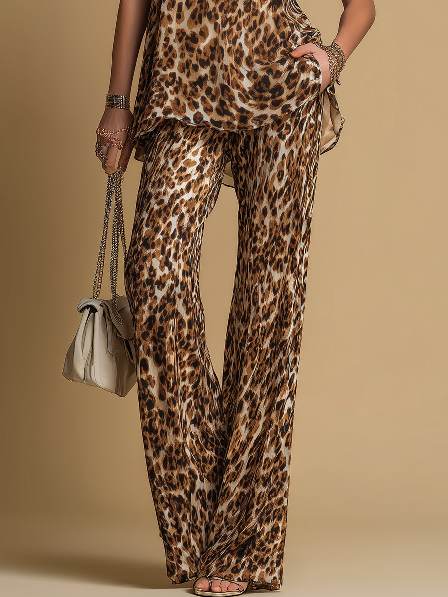 Mille | Sæt med top og bukser med leopardprint med chiffon med ærmeløs