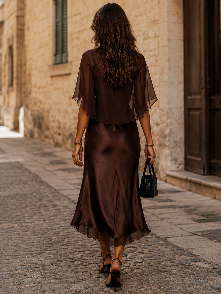 Agnes | Brun midi-kjole med chiffon med satin