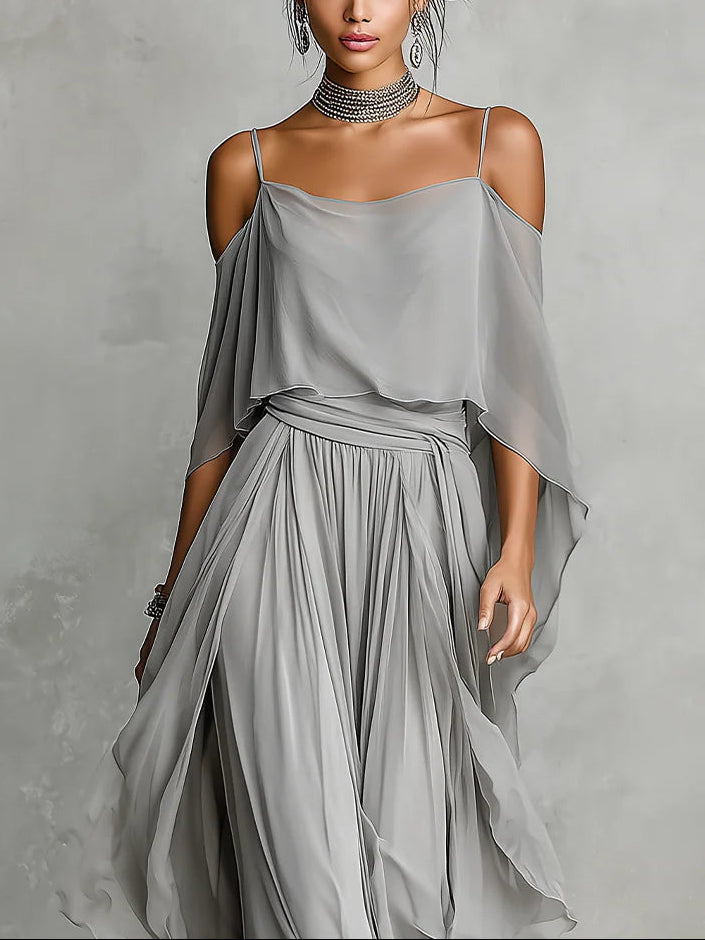 Tina | Grå sæt med top og bukser med chiffon med off-shoulder
