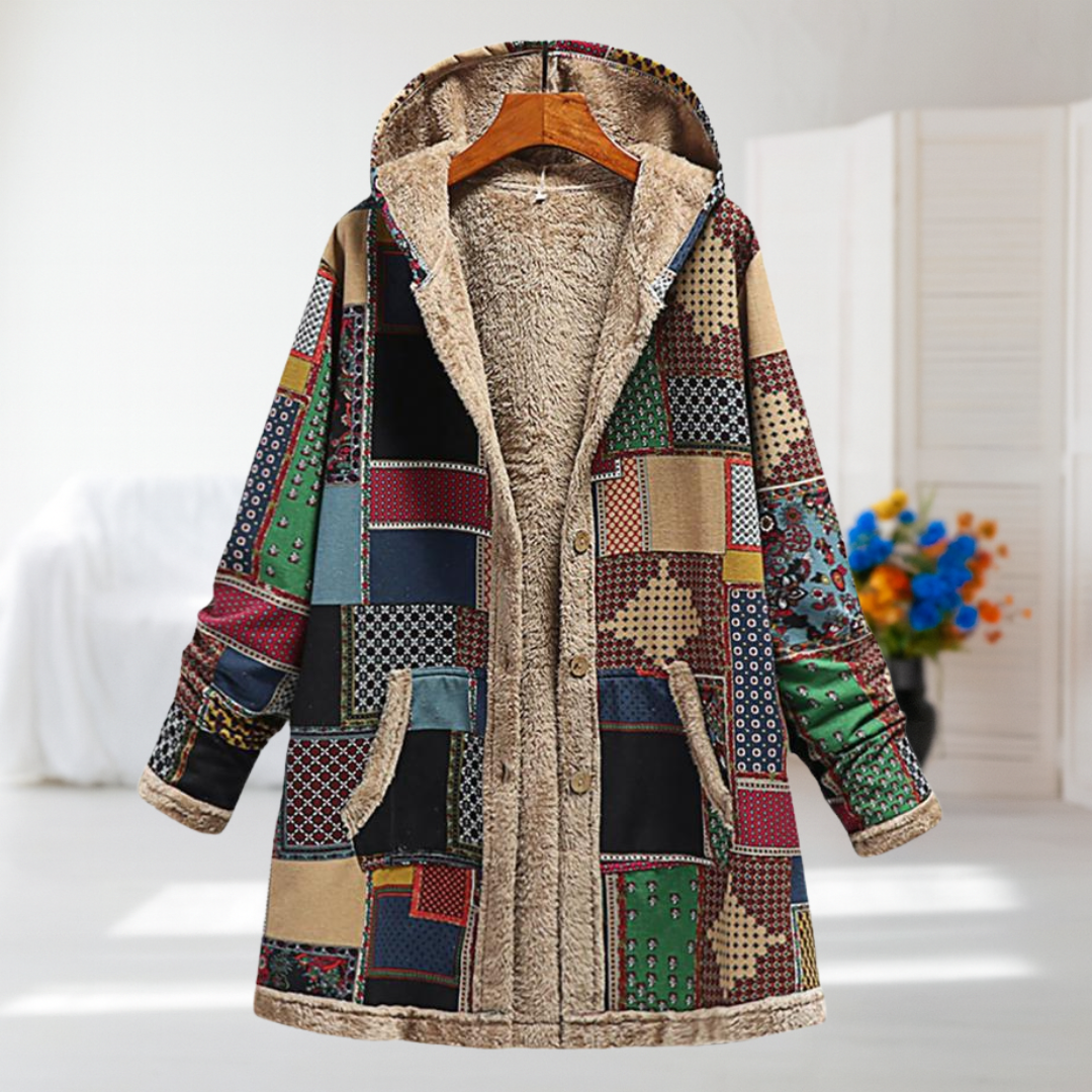 Valéria | Elegant overgangsfrakke med farvespil i grøn, multicolor og brun