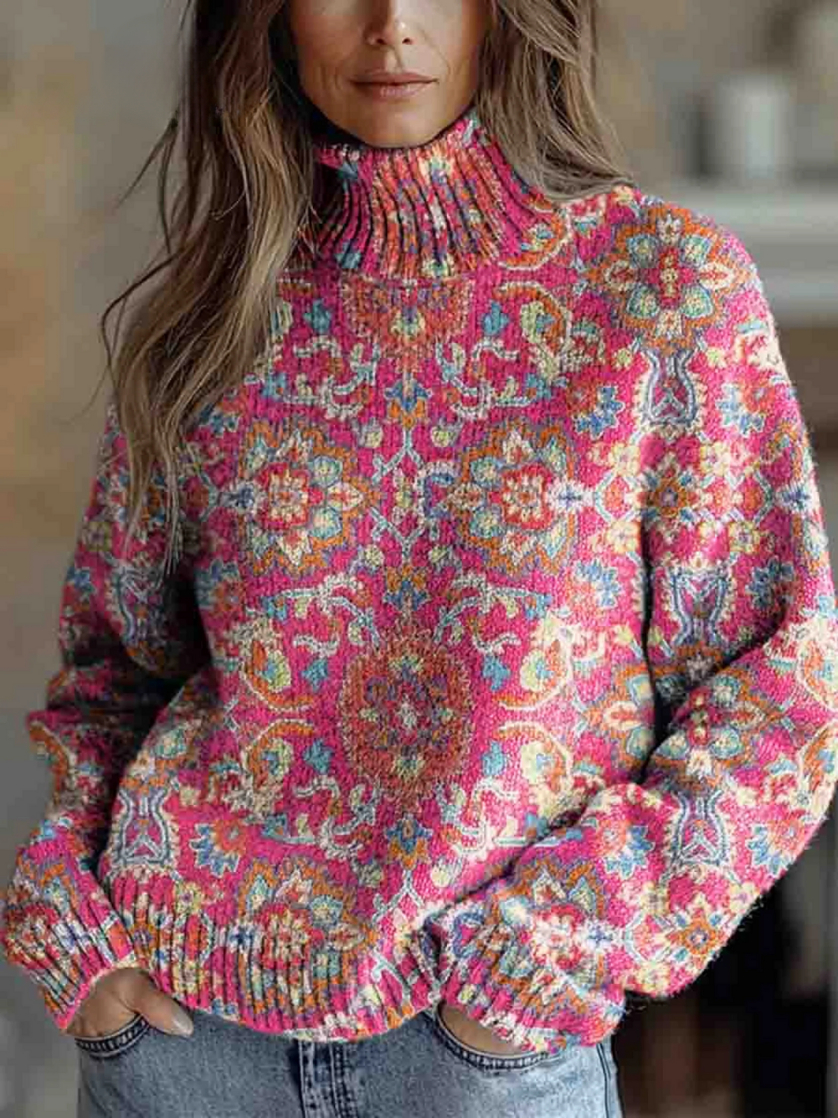 Victoria | Varm rollkravebluse med blomsterprint med etnisk inspireret mønster