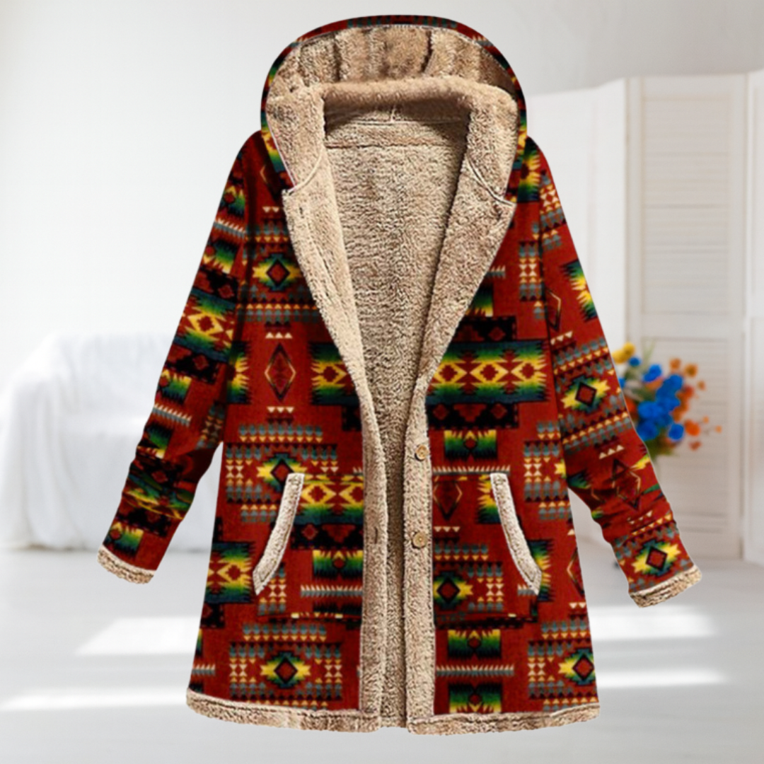 Éliane | Elegant overgangsfrakke med farvespil i rød, brun og multicolor