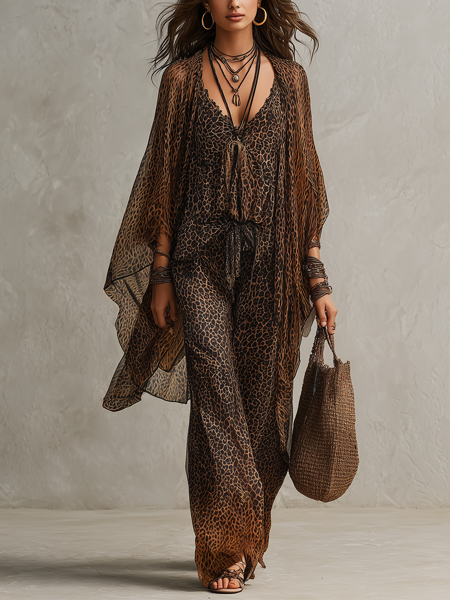 Viola | Tredelt sæt med kimono med leopardprint med boheme