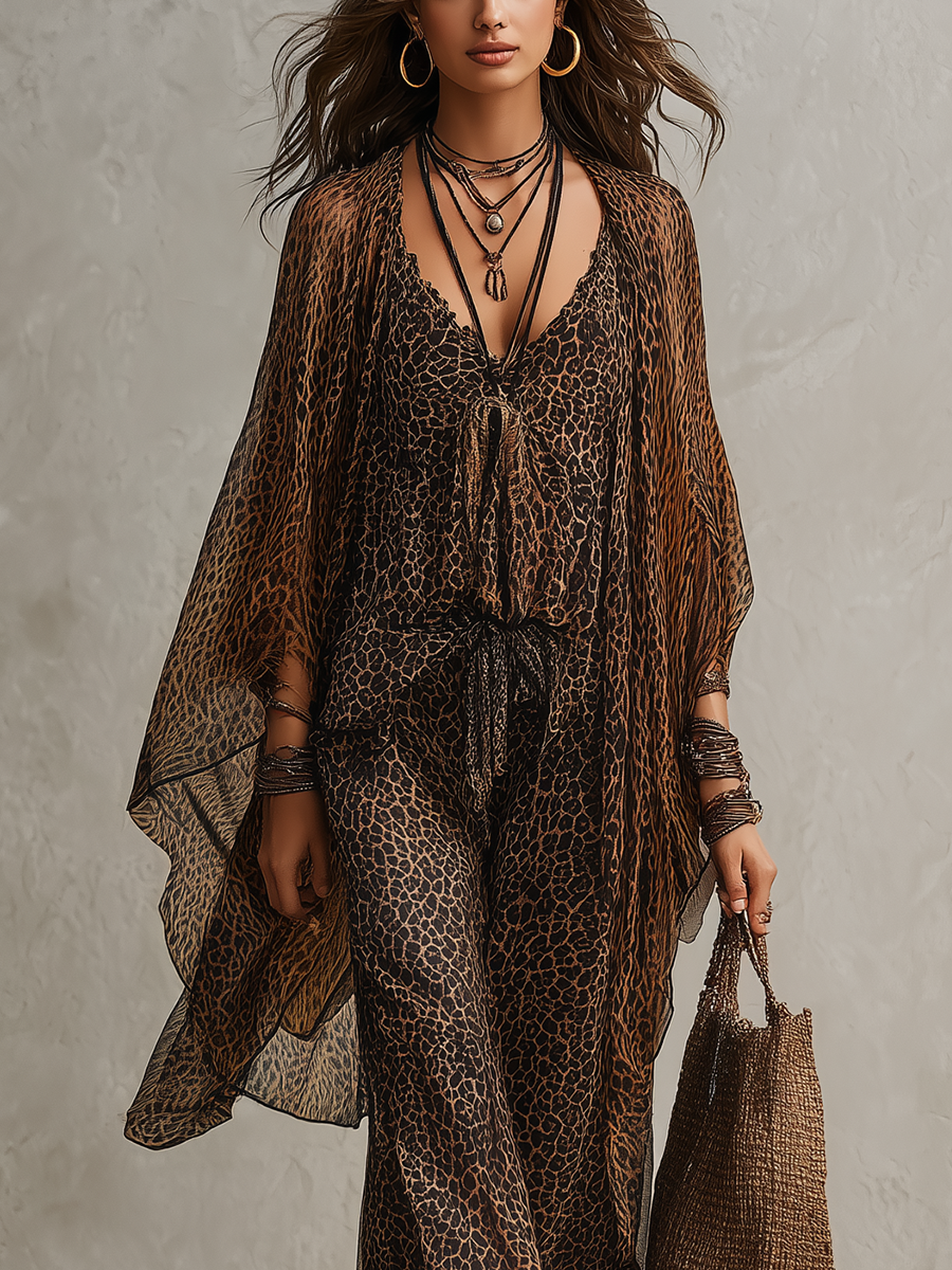 Viola | Tredelt sæt med kimono med leopardprint med boheme