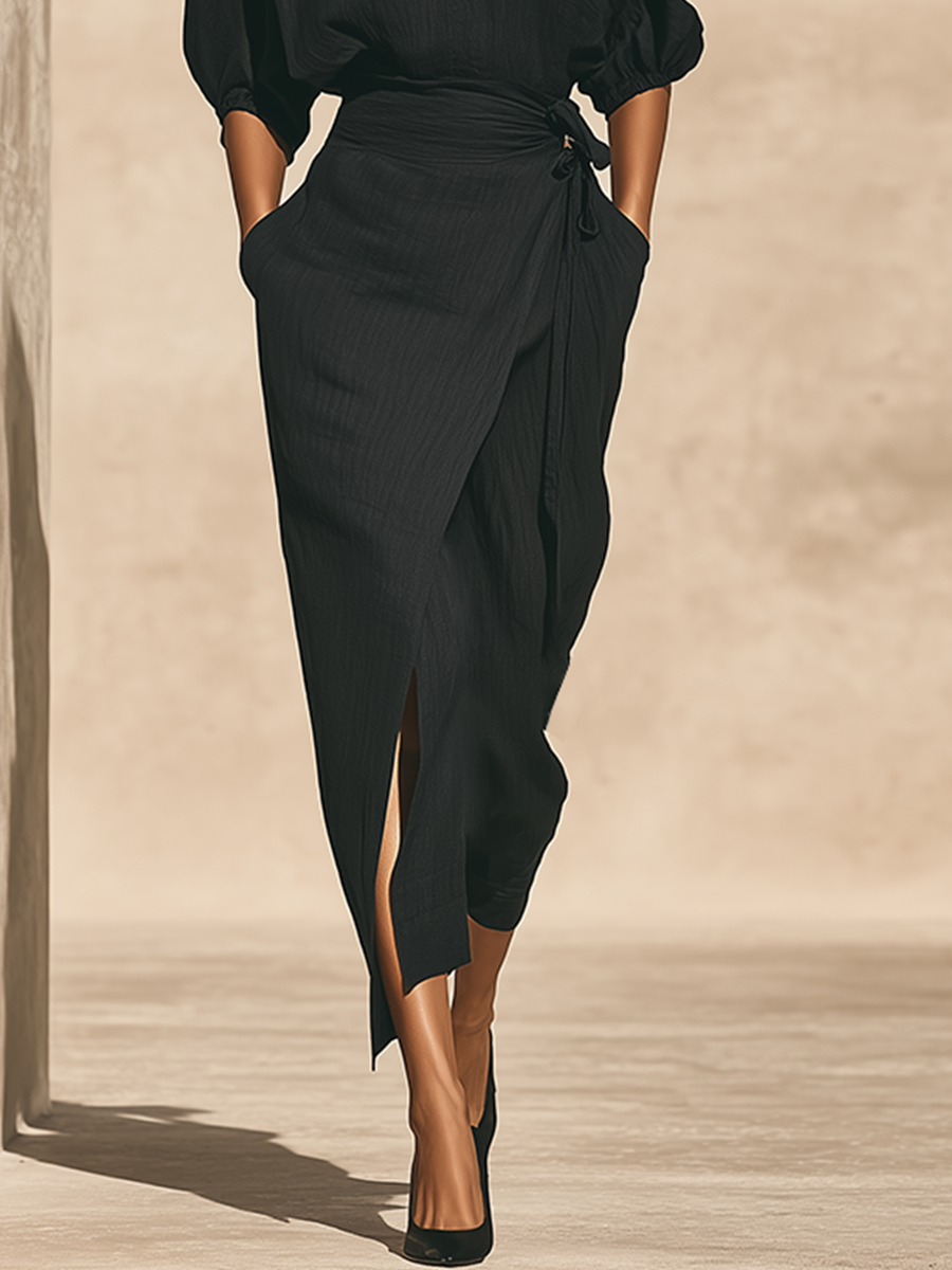 Camilla | Stilrent linnedlook top- og nederdelssæt