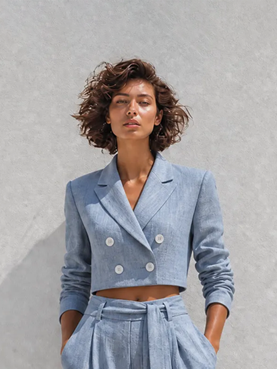 Kaja | Raffineret linnedlook blazer- og buksesæt med vide bukser