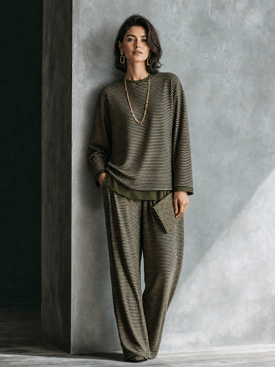 Celine | Stribet bomuldslook top- og buksesæt med vide bukser