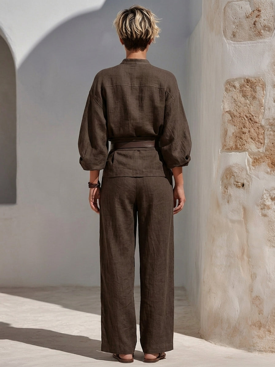 Trine | Stilrent linnedlook top- og buksesæt med vide bukser