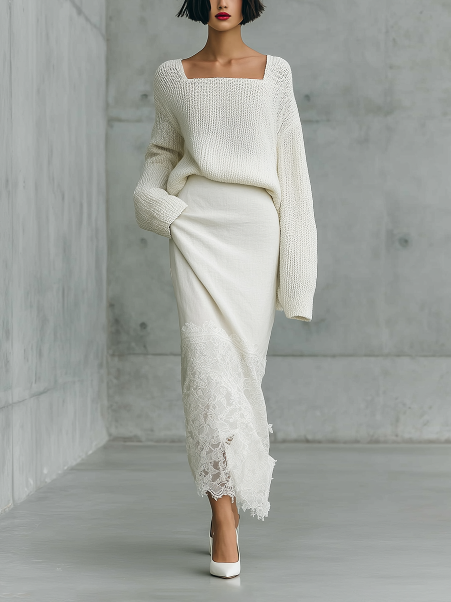 Iselin | Blonde bomuldslook sweater- og nederdelssæt