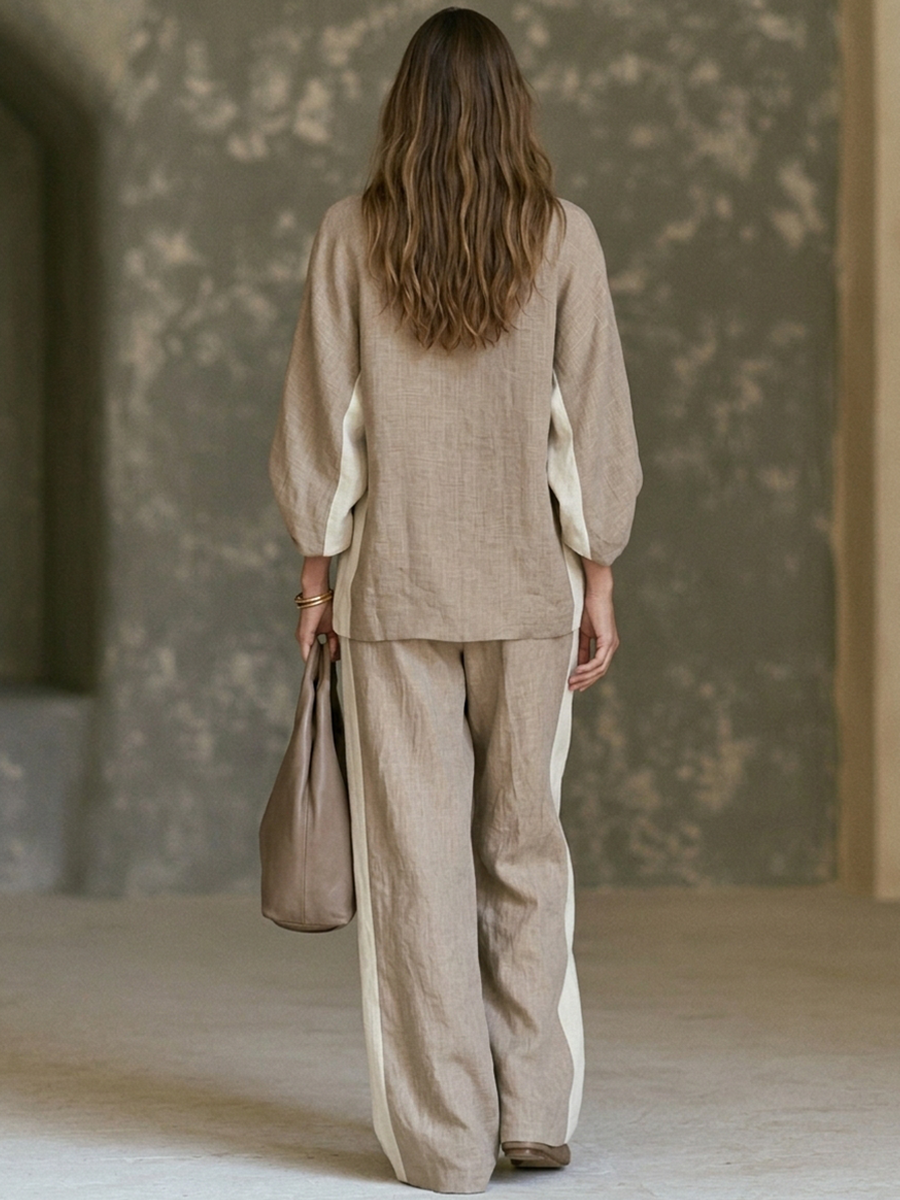 Philippa | Farveblok linnedlook top- og buksesæt med vide bukser