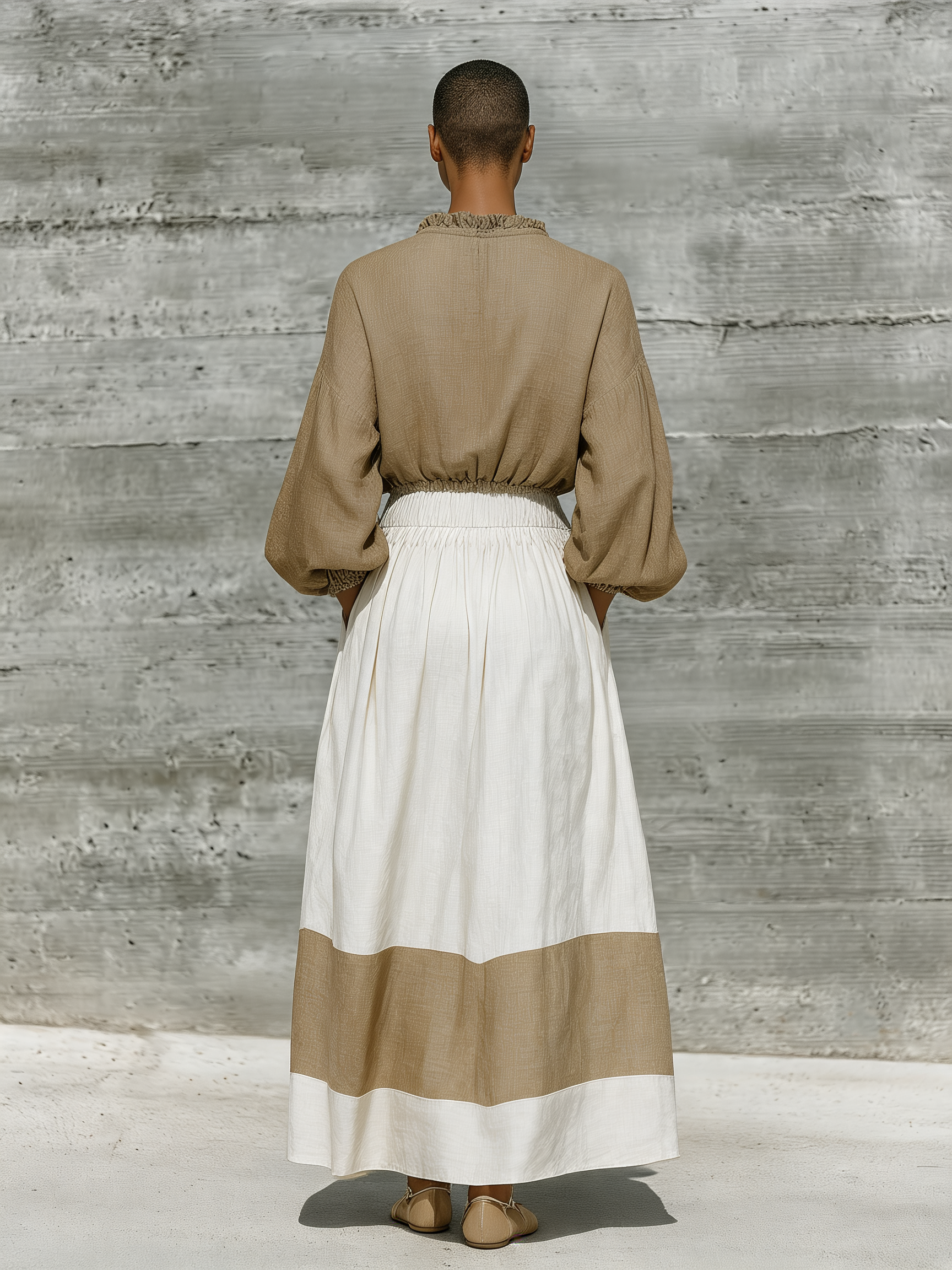 Dorte | Farveblok linnedlook bluse- og nederdelssæt