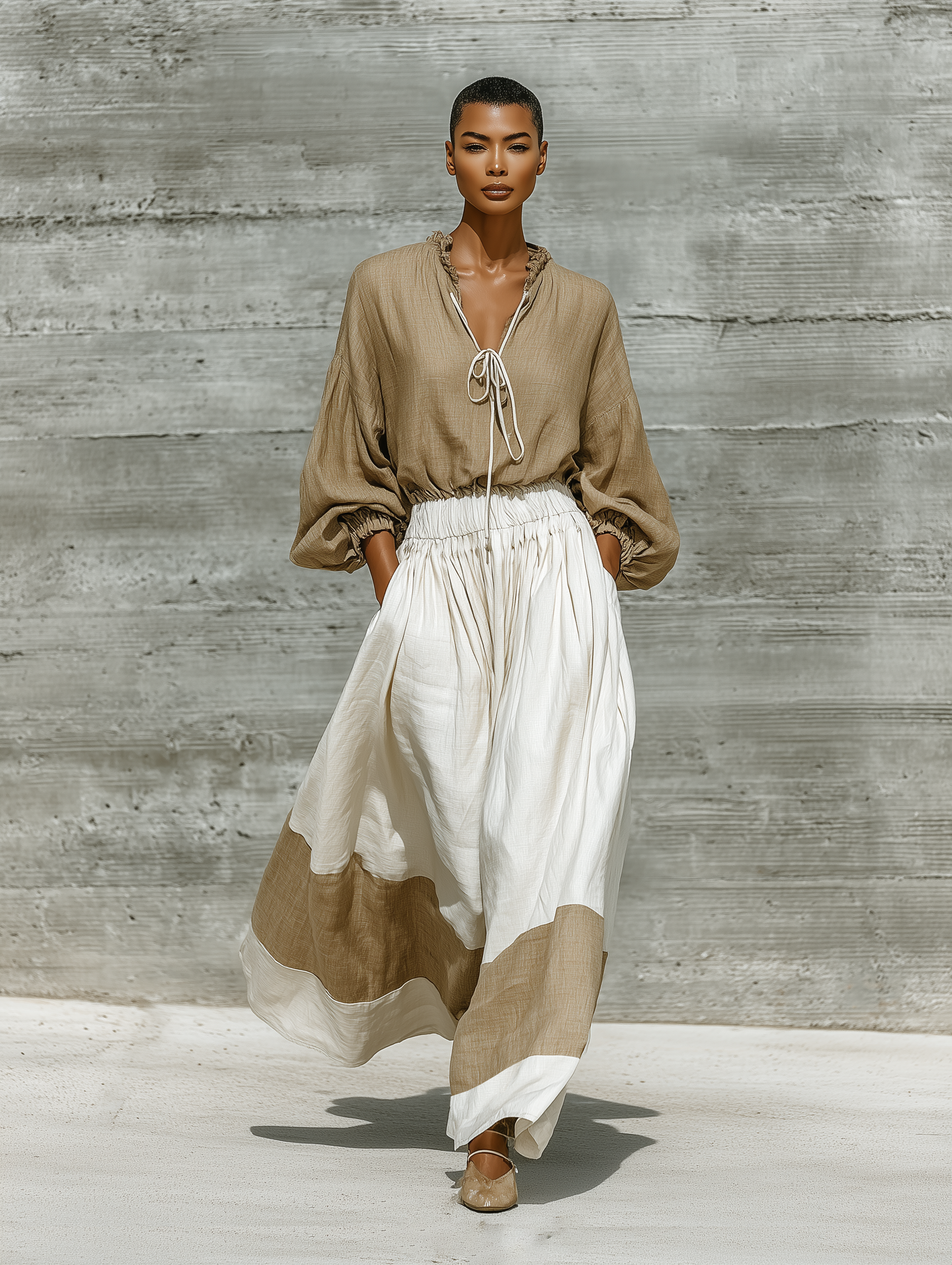 Dorte | Farveblok linnedlook bluse- og nederdelssæt