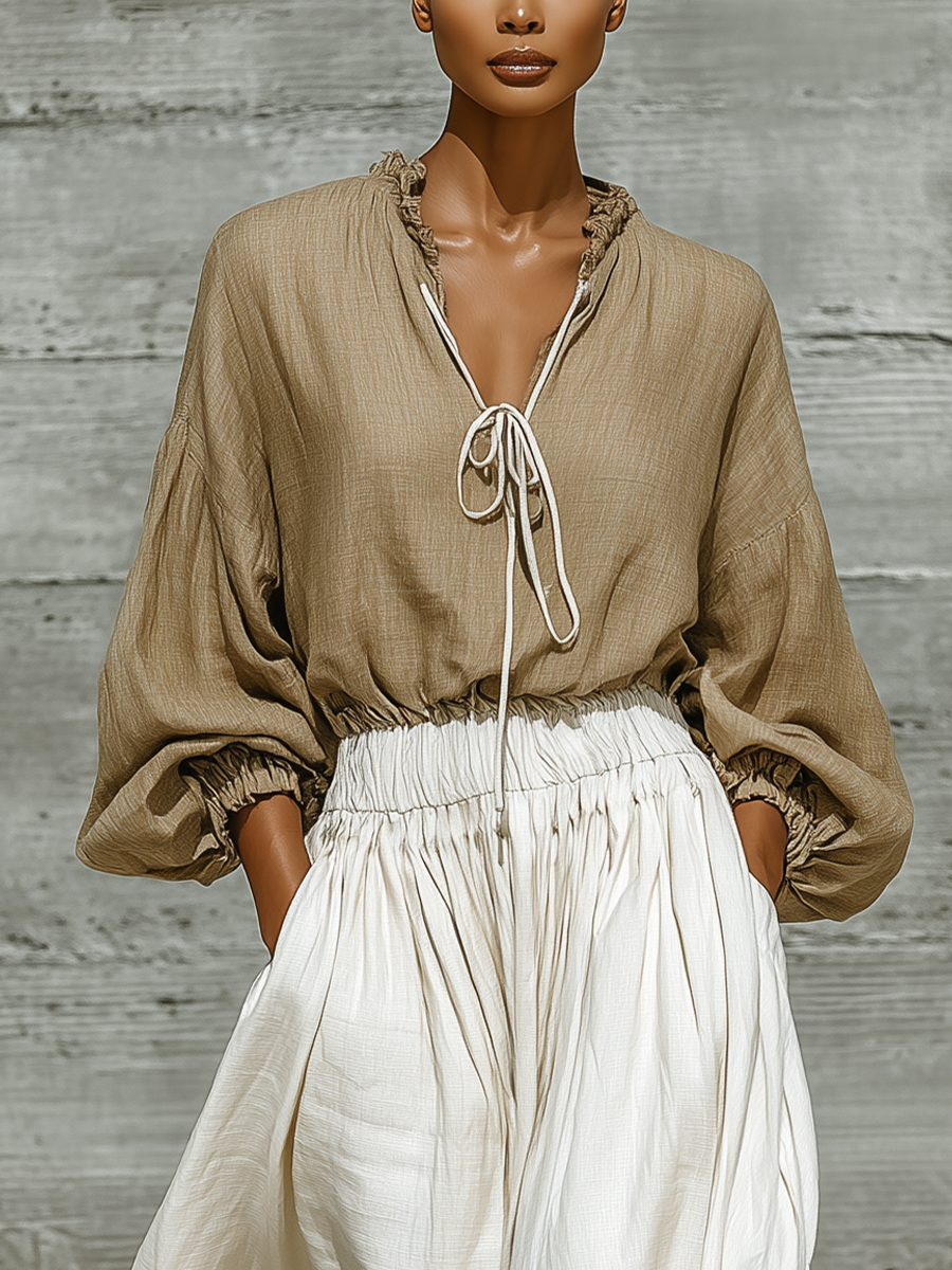 Dorte | Farveblok linnedlook bluse- og nederdelssæt