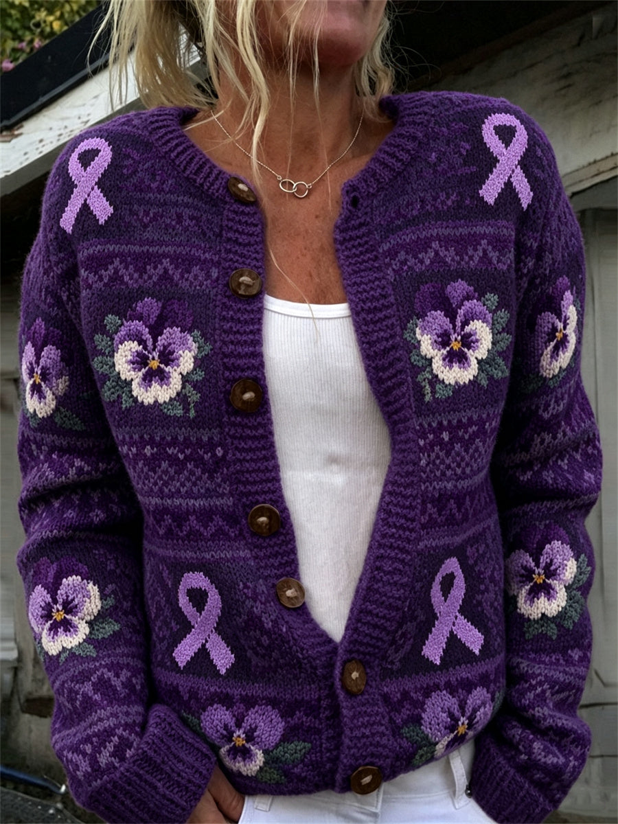Freja | Vintage cardigan med lilla sløjfe og blomsterprint