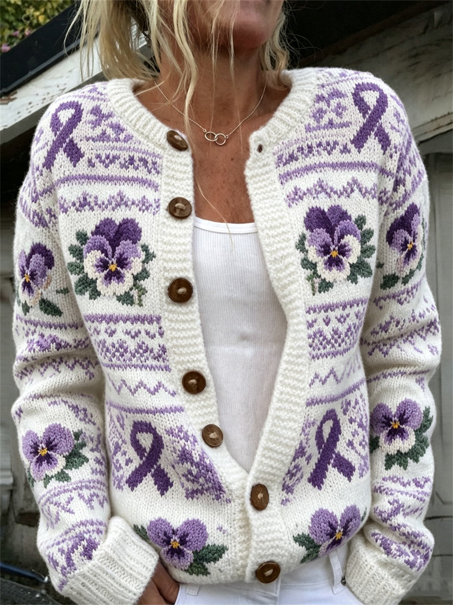 Freja | Vintage cardigan med lilla sløjfe og blomsterprint