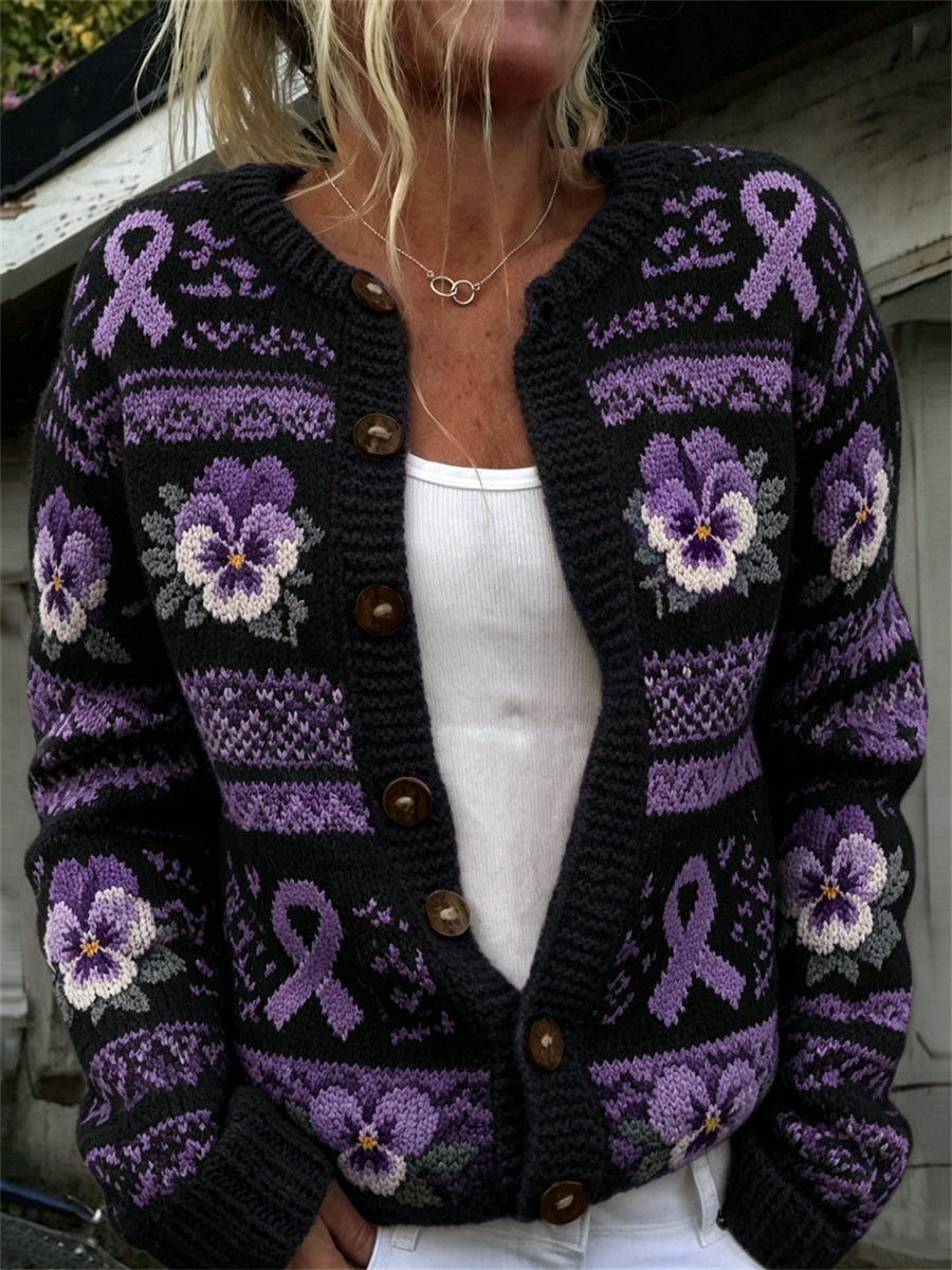 Freja | Vintage cardigan med lilla sløjfe og blomsterprint