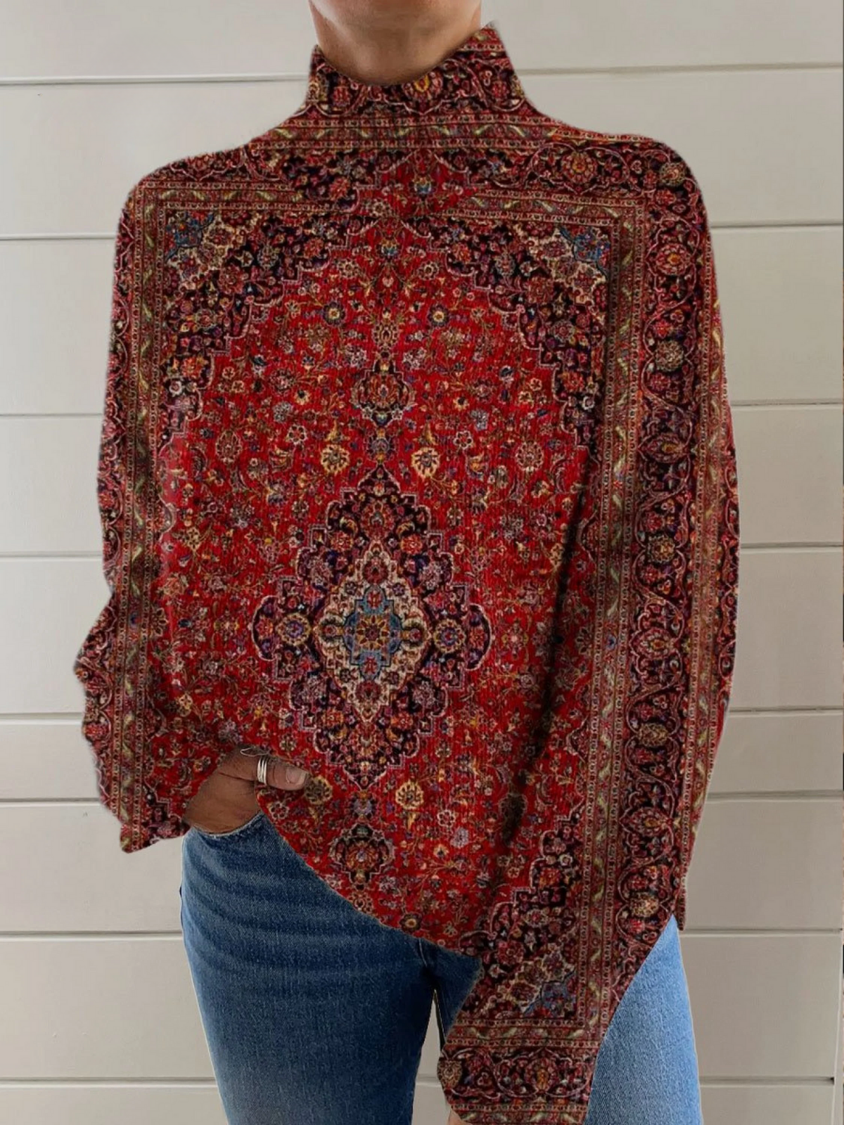 Rosa | Varm rollkravebluse med kunstprint med vintage look